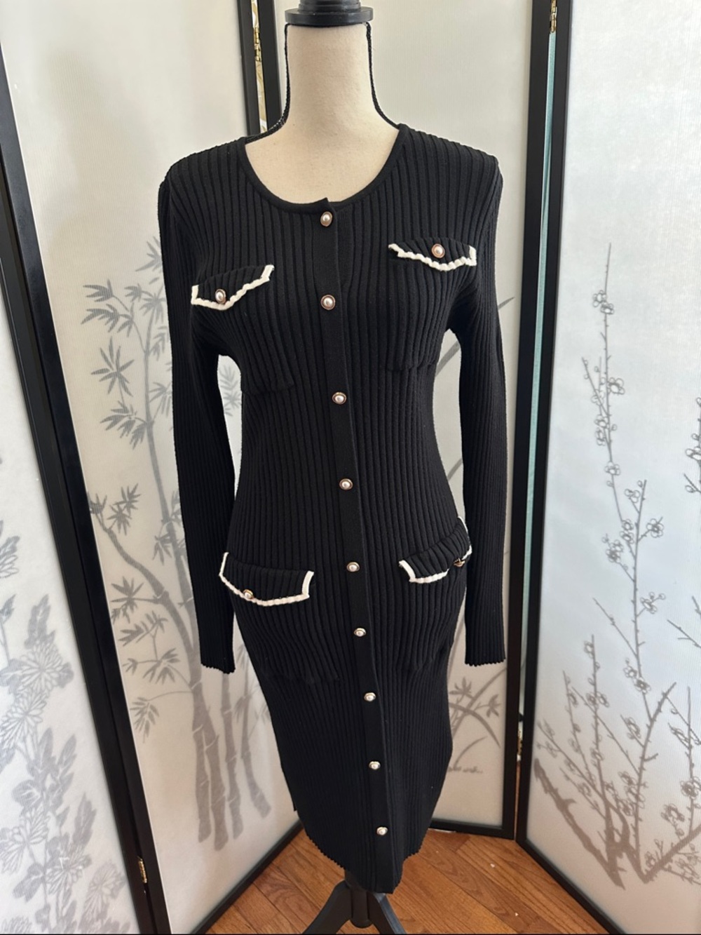 Nanette Lepore Black Ribbed Long-Sleeve Midi Dress with White Trim
